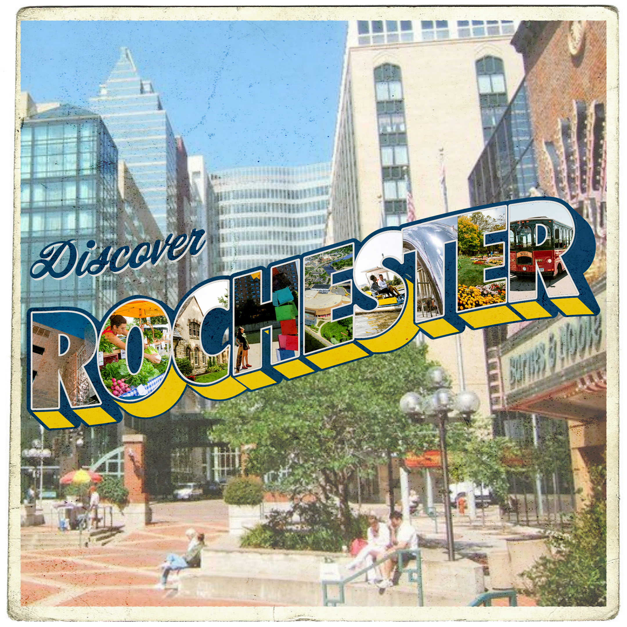 A postcard graphic with a photo of Rochester and a vintage-inspired text overlayed. The text is a vibrant blue and yellow and each letter has an image of Rochester MN in it.